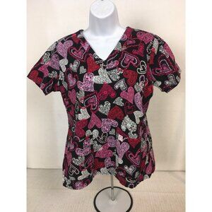 Scrub Top Women Size M Black w Pink Red White Hearts Pockets V neck Short Sleeve